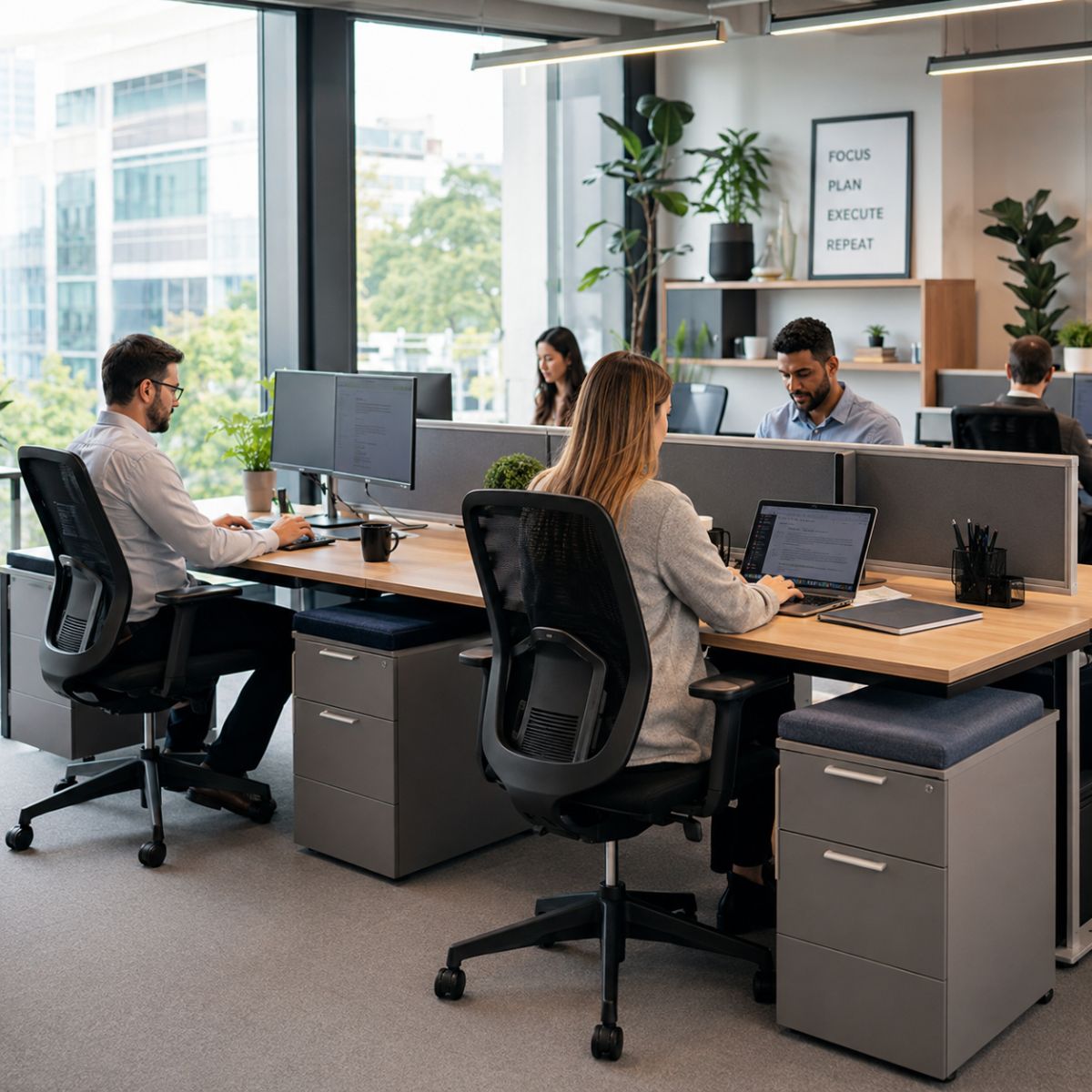 equipo trabajando en una oficina con mobiliario ergonómico y funcional